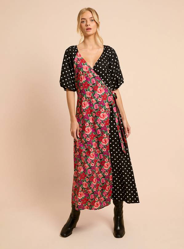 DOROTHY PERKINS Floral Spot Mix Puff Sleeve Print Mix Wrap Midi Dress 14
